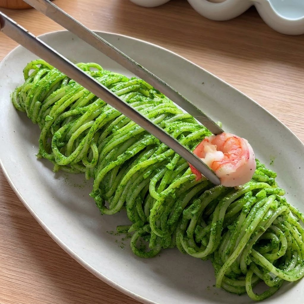 Eine Küchenzange platziert eine gekochte rosa Garnele auf angerichtete grüne Pestospaghetti.