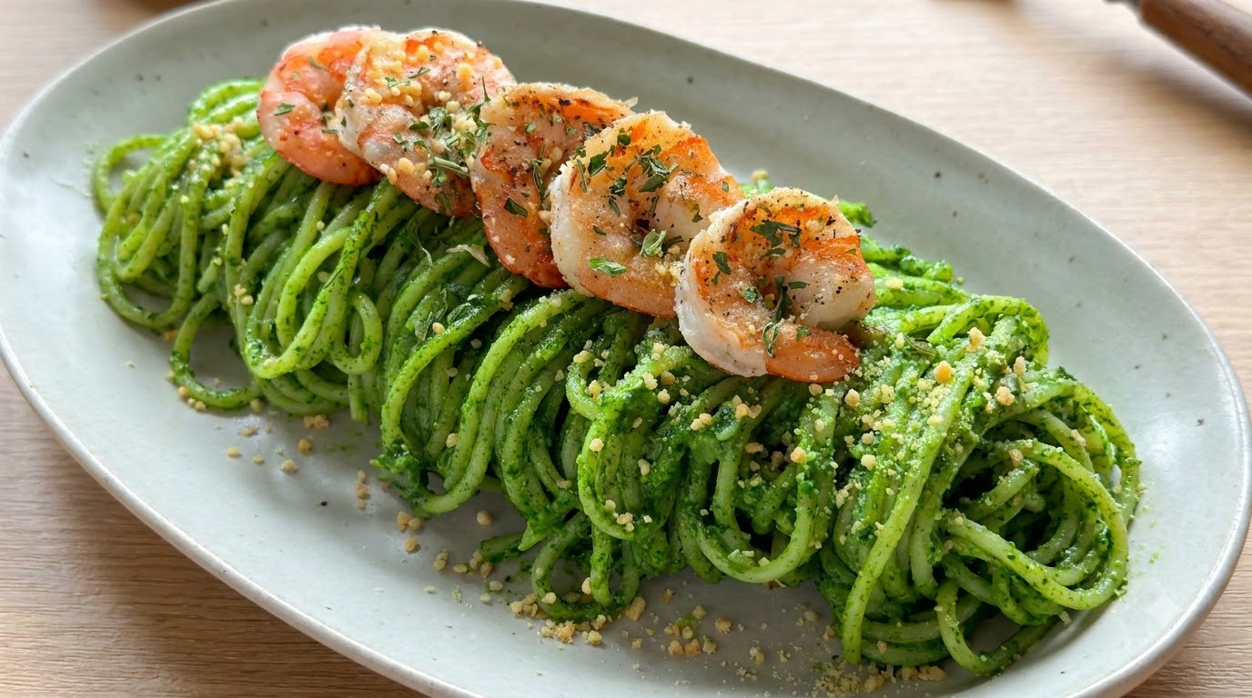 Schwarze Trüffel und Garnelen Pesto Pasta