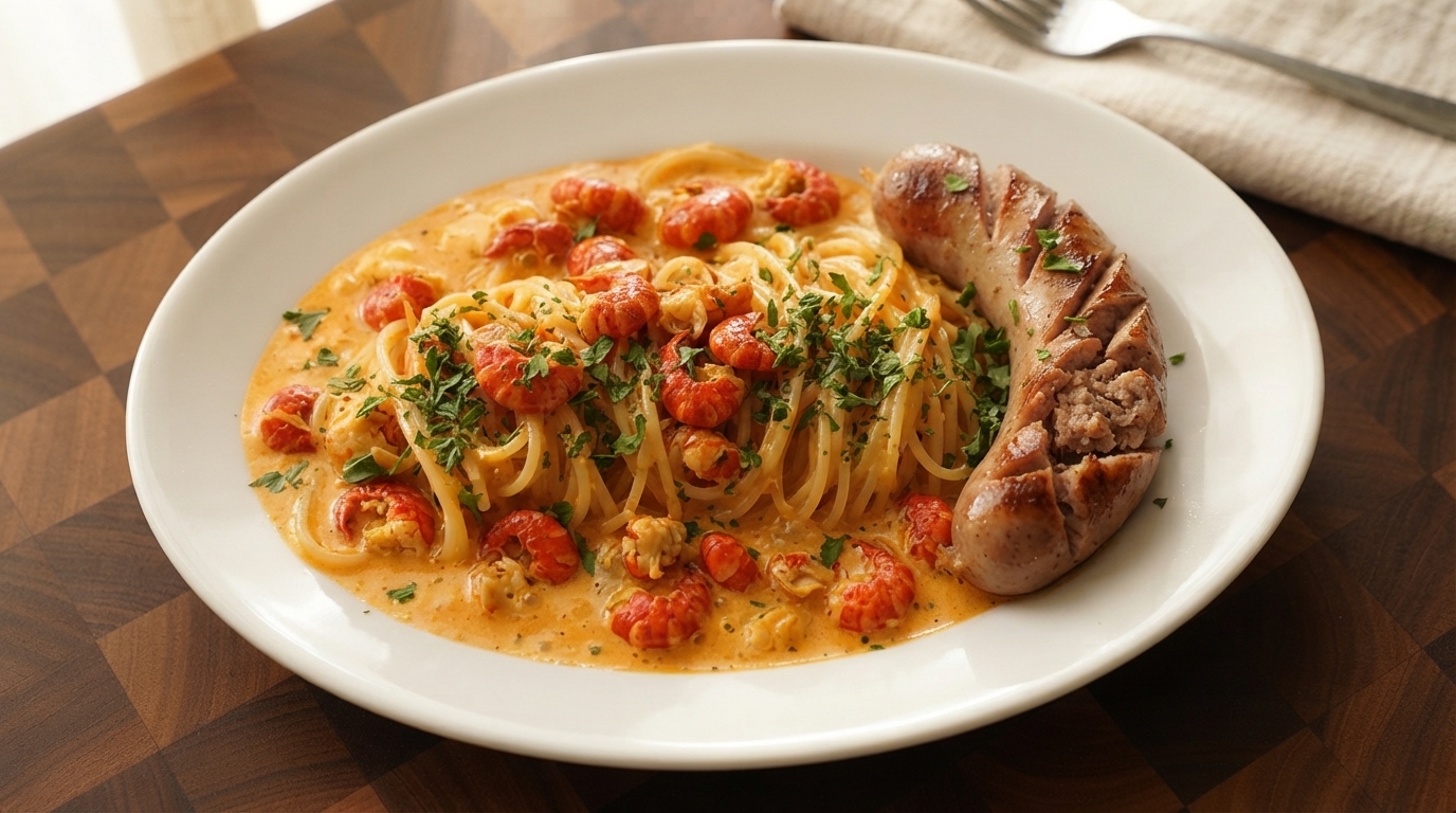 Würzige Cremige Krebsfleisch-Pasta mit Gegrillter Wurst