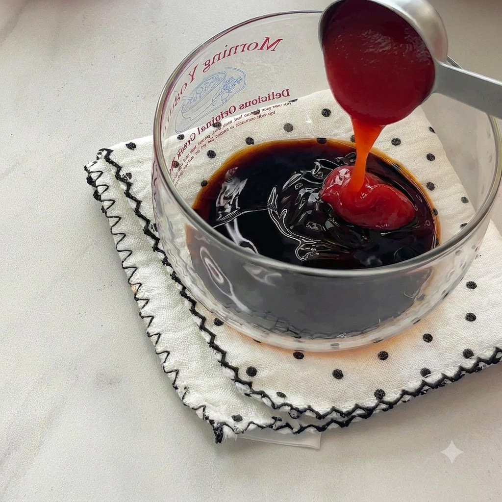 Rotes Ketchup wird von einem Löffel aus Metall in eine klare Schüssel mit dunkler Sojasauce gegossen.