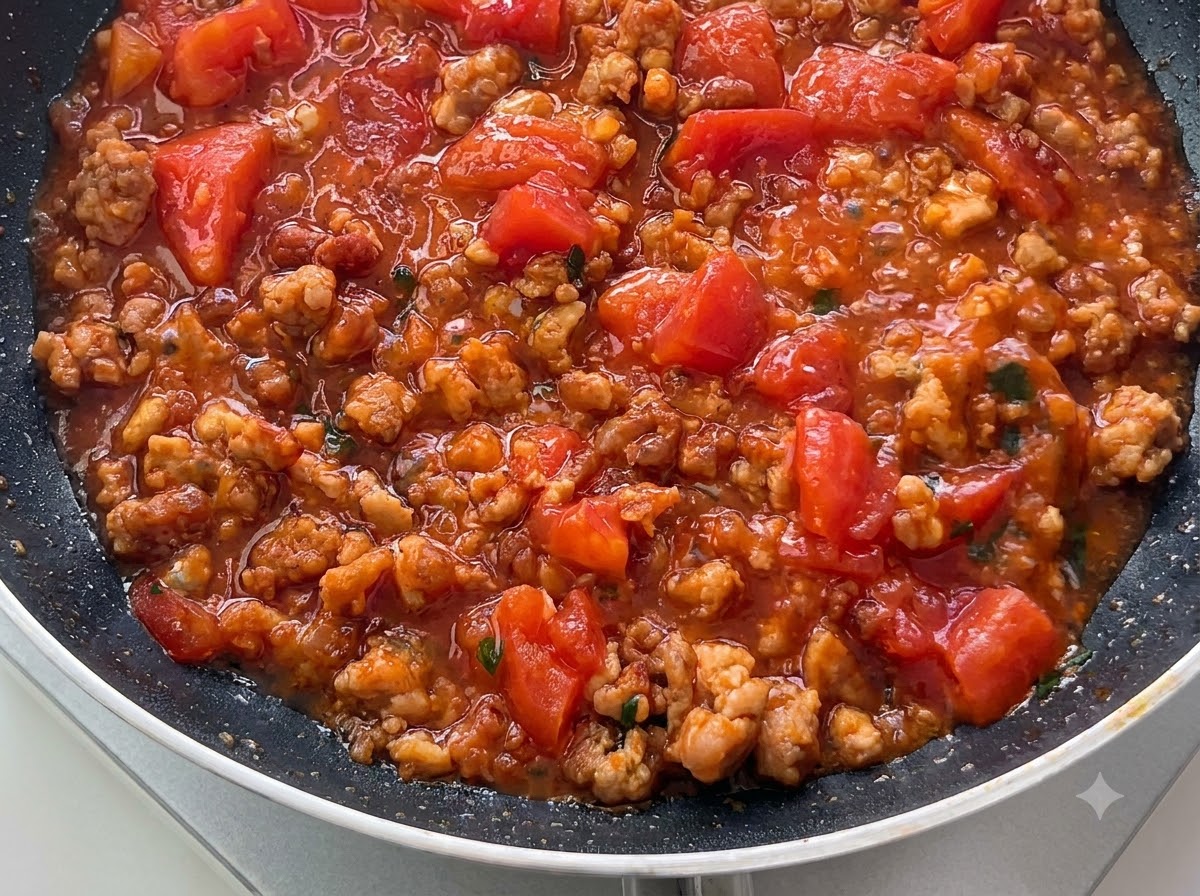 Gewürfelte rote Tomaten, vermischt mit gekochtem Hackfleisch, köcheln in einer Pfanne.