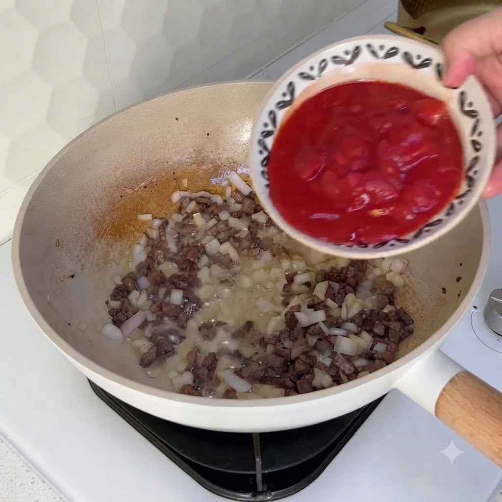 Eine kleine Schüssel schüttet rote Tomatenwürfel in den Wok mit Rindfleisch und Zwiebeln.
