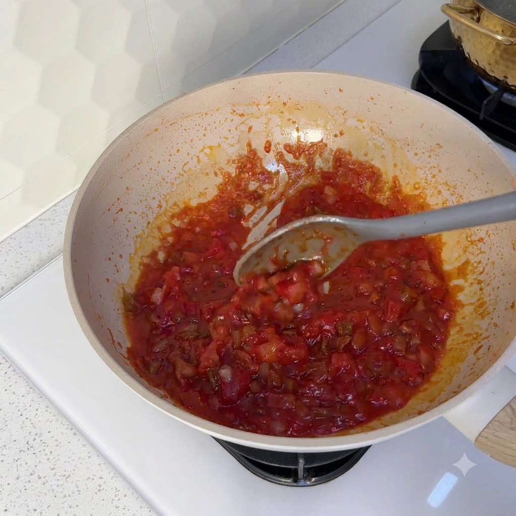 Ein grauer Kochlöffel rührt eine dicke rote Tomaten-Rinder-Mischung in einem Wok um.