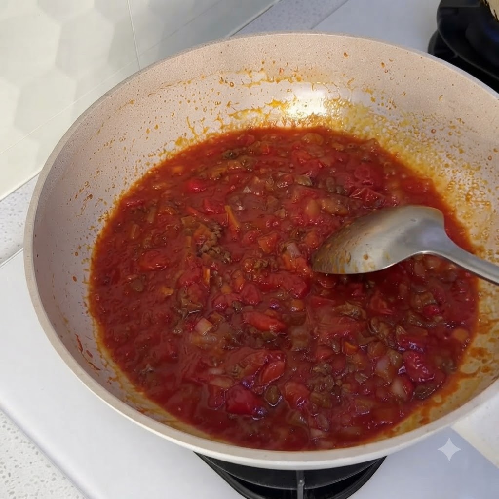 Eine Nahaufnahme der köchelnden roten Tomatensauce im Inneren des Woks.