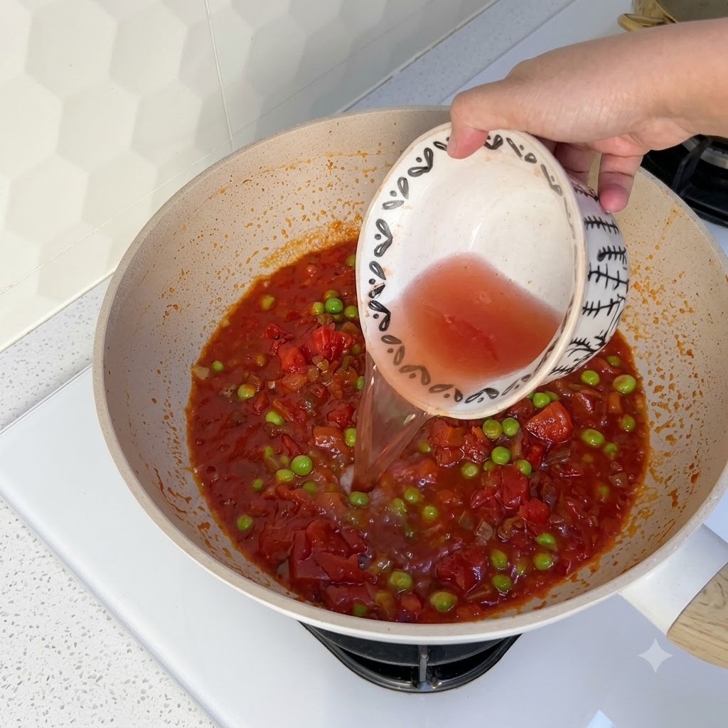 Eine kleine Schüssel gießt Wasser in den mit Tomatensauce und grünen Erbsen gefüllten Wok.