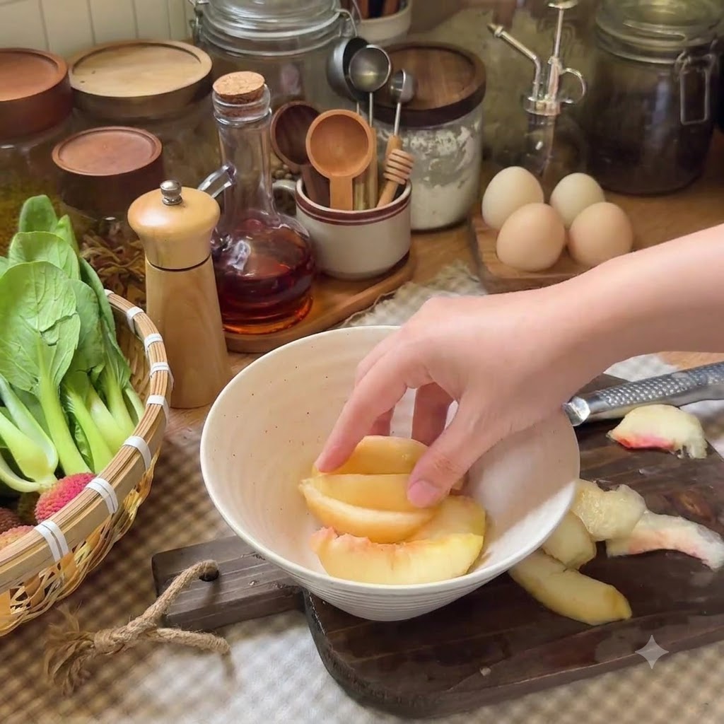 Pfirsichscheiben in einer weißen Schüssel, gemischt mit Schwarzteepulver, Zitronensaft und Ahornsirup.