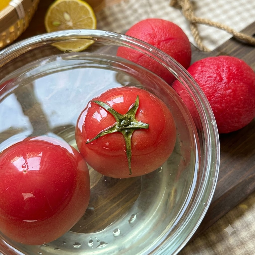 Gefrorene Tomaten weichen in einer Glasschüssel in warmem Wasser ein, geschälte Tomaten liegen auf einem Holzbrett bereit.