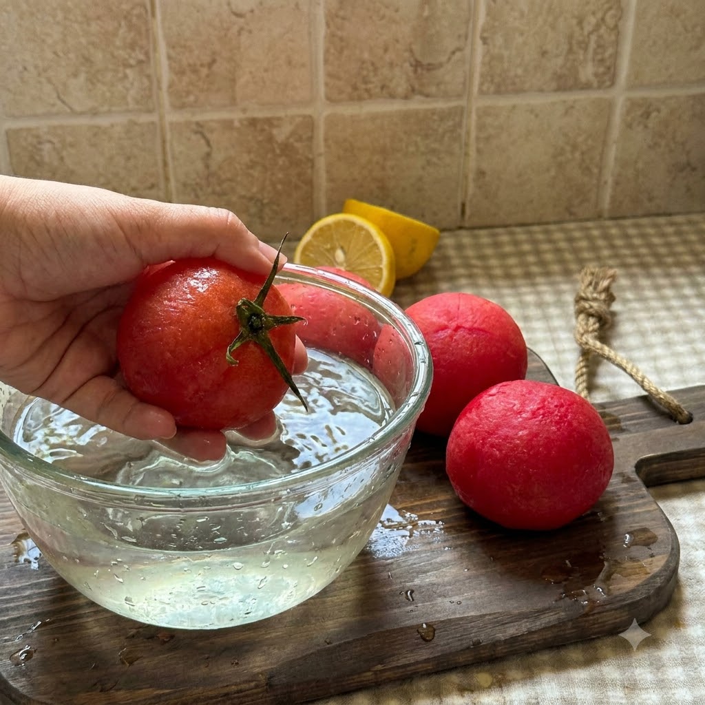 Geschälte Tomaten werden auf einem Holzschneidebrett in kleine Stücke geschnitten.