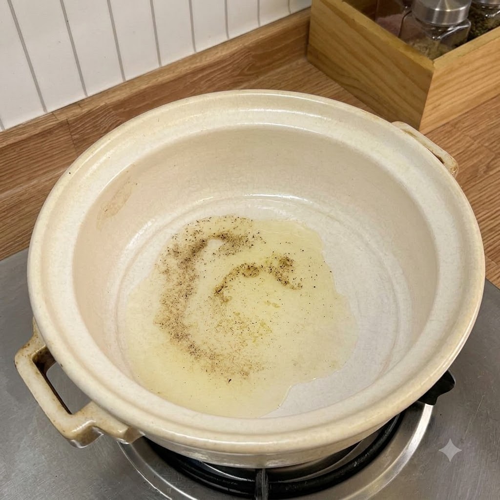 Gehackter Knoblauch brutzelt in heißem Öl in einem Keramiktopf auf dem Herd.