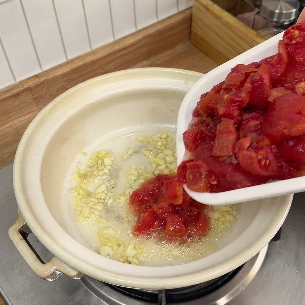 Gehackte Tomaten werden von einem weißen Teller in den Topf mit dem angedünsteten Knoblauch gegeben.