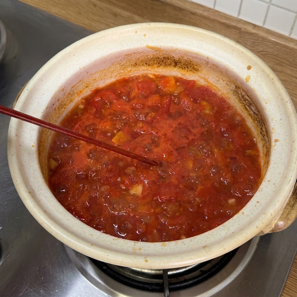 Verschiedene Saucen und Gewürze werden in die kochende Tomatenbasis gegossen und umgerührt.