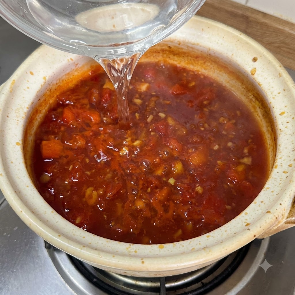 Frische Nudeln kochen in der sprudelnden Tomatenbrühe in einem Keramiktopf.