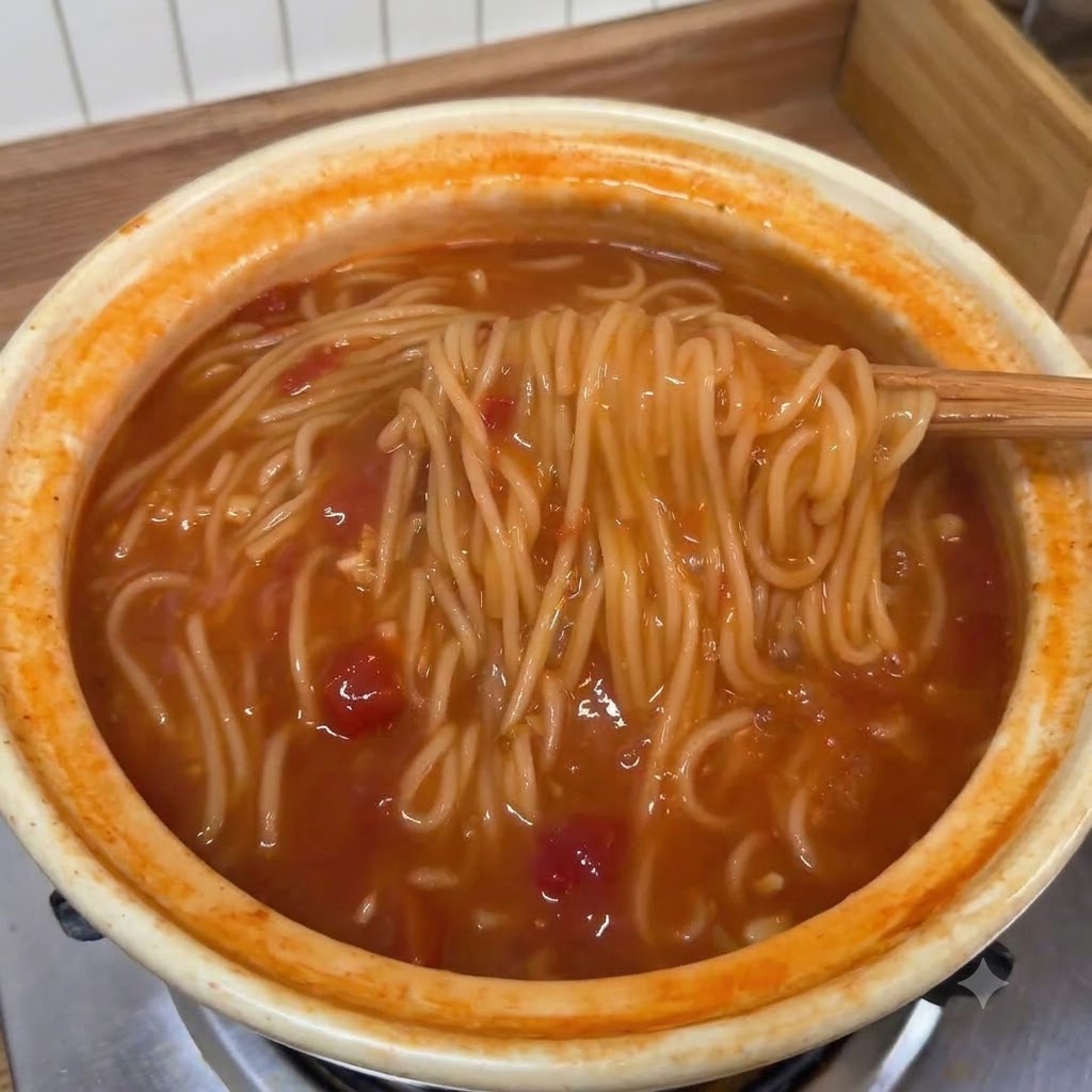 Essstäbchen heben gekochte Nudeln aus dem Topf mit der reichhaltigen Tomatensuppe und den gemischten Zutaten.