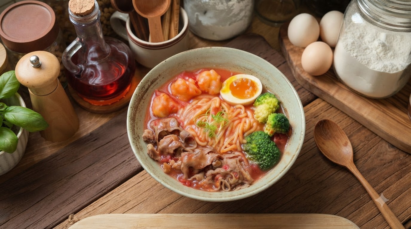 Dicke Tomaten-Nudelsuppe mit Rinderbrust und in Tee gezogenen Pfirsichen