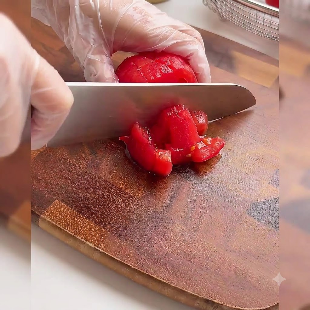 Eine behandschuhte Hand schneidet geschälte rote Tomaten auf einem Holzschneidebrett in kleine Würfel.