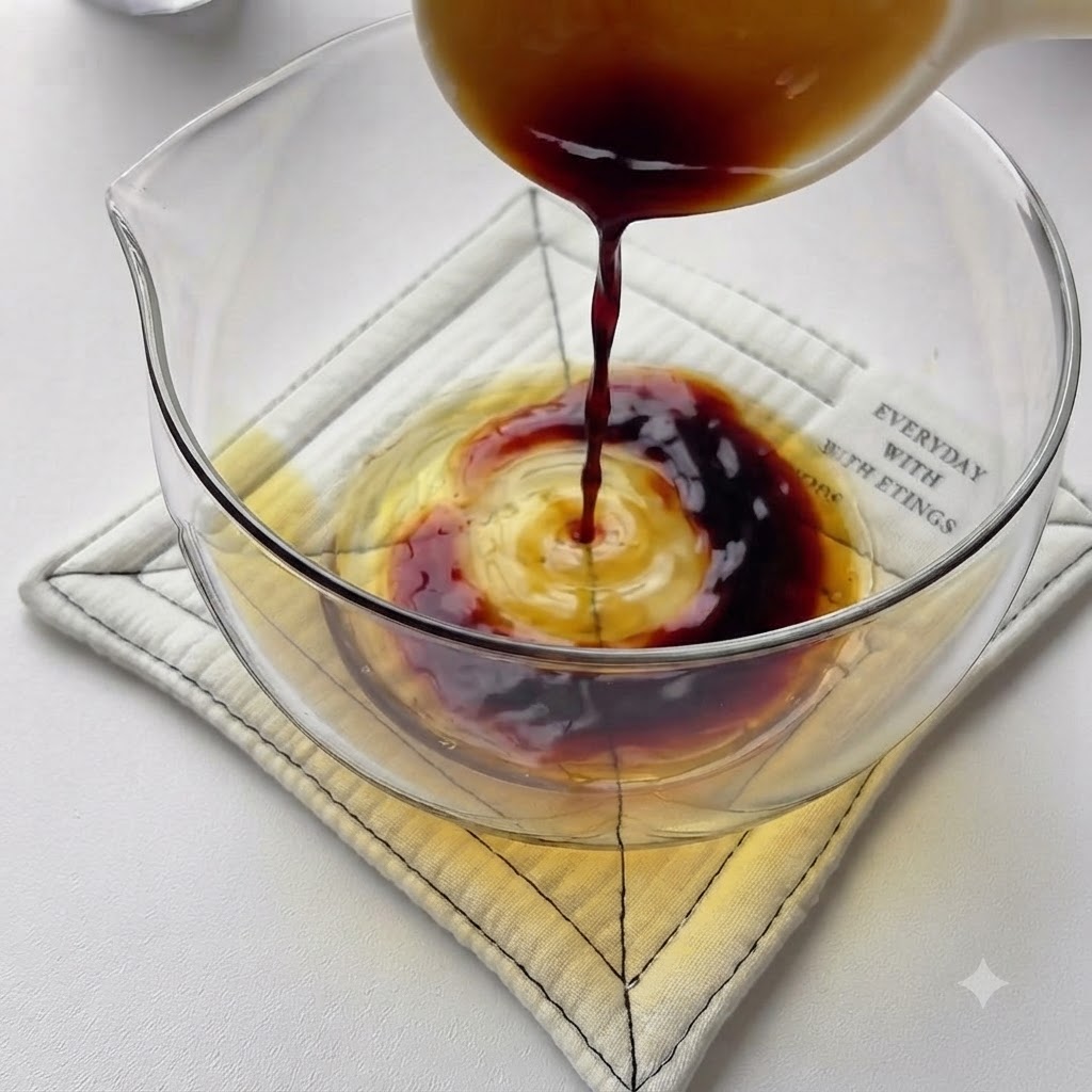 Saucen und Gewürze werden in einem Glasmessbecher gegossen und vermischt.