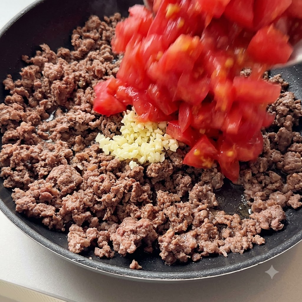 Gehackter Knoblauch und gewürfelte Tomaten werden in die Pfanne mit gekochtem Rinderhackfleisch gegeben.