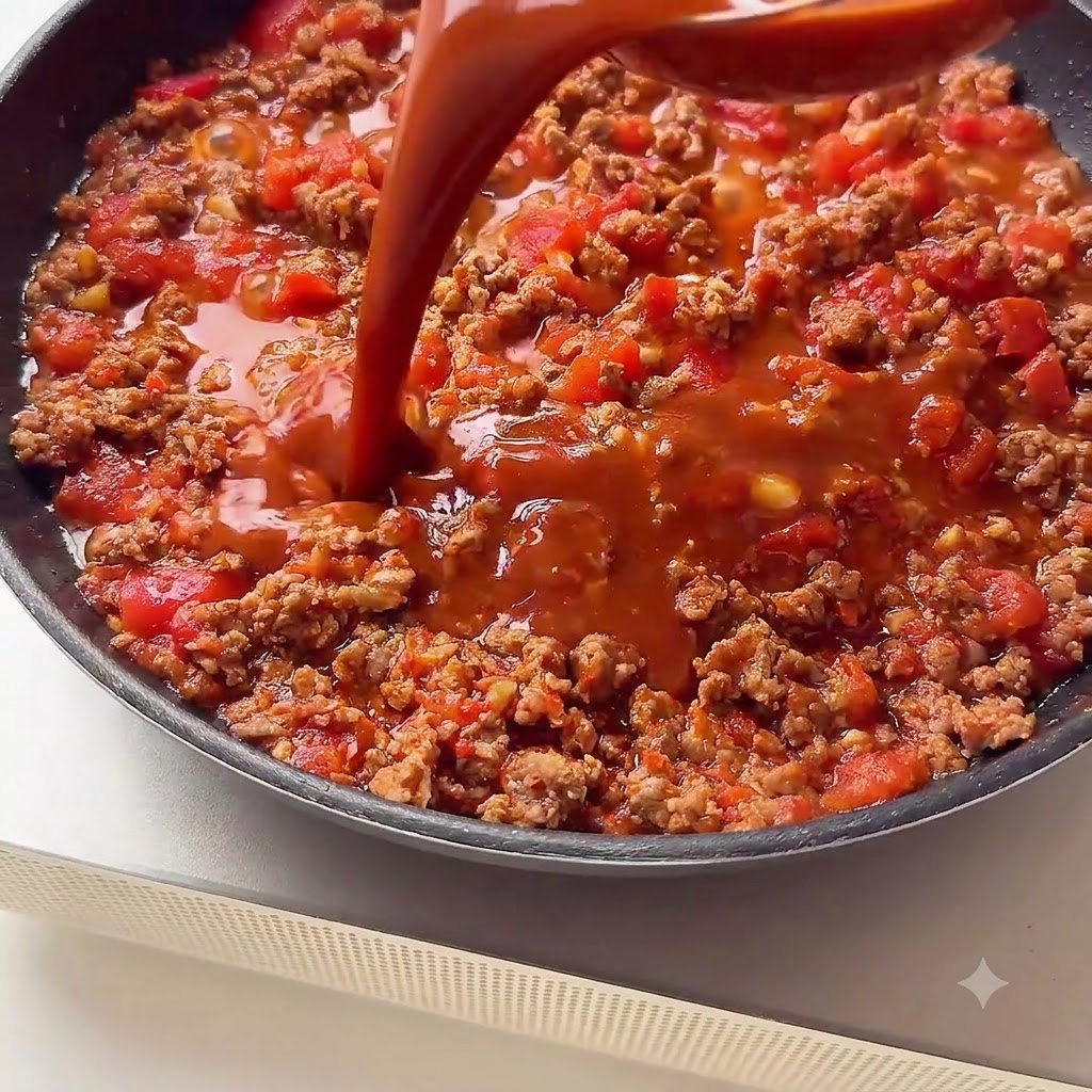 Eine reichhaltige rötlich-braune Soße wird aus einem Behälter in eine Pfanne mit gekochtem Fleisch und gewürfelten Tomaten gegossen.