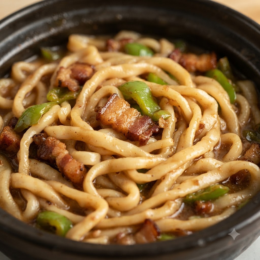 Gewürzte Brühe mit Fleisch und Gemüse, die sanft in einem Topf köchelt.