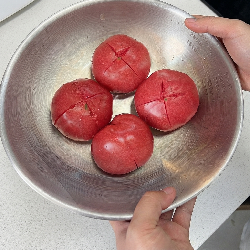 Vier frische Tomaten in einer großen Metallschüssel mit klaren kreuzförmigen Einschnitten auf der Oberseite.