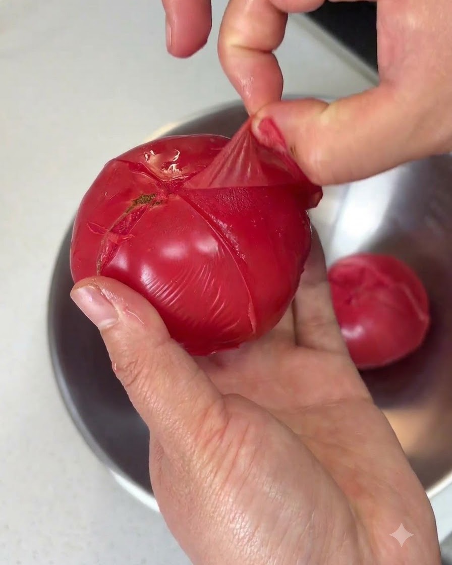 Hände ziehen die dünne Schale von einer überbrühten Tomate ab und legen das glatte rote Fruchtfleisch frei.