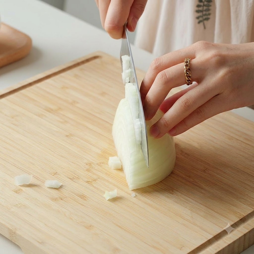 Eine Weißzwiebel wird auf einem Holzschneidebrett mit einem Messer fein gewürfelt.