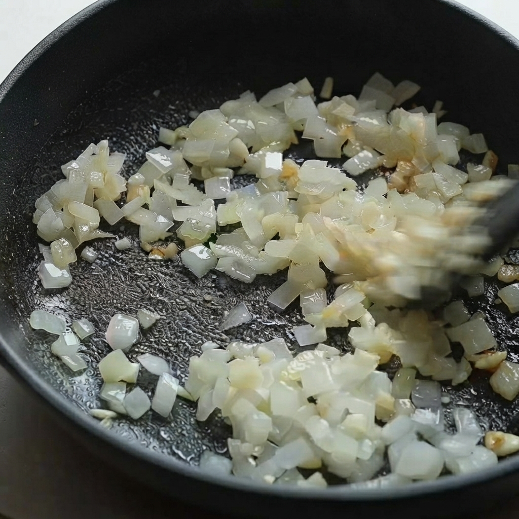 Ein schwarzer Pfannenwender rührt gewürfelte Zwiebeln und gehackten Knoblauch in einer heißen Pfanne um.