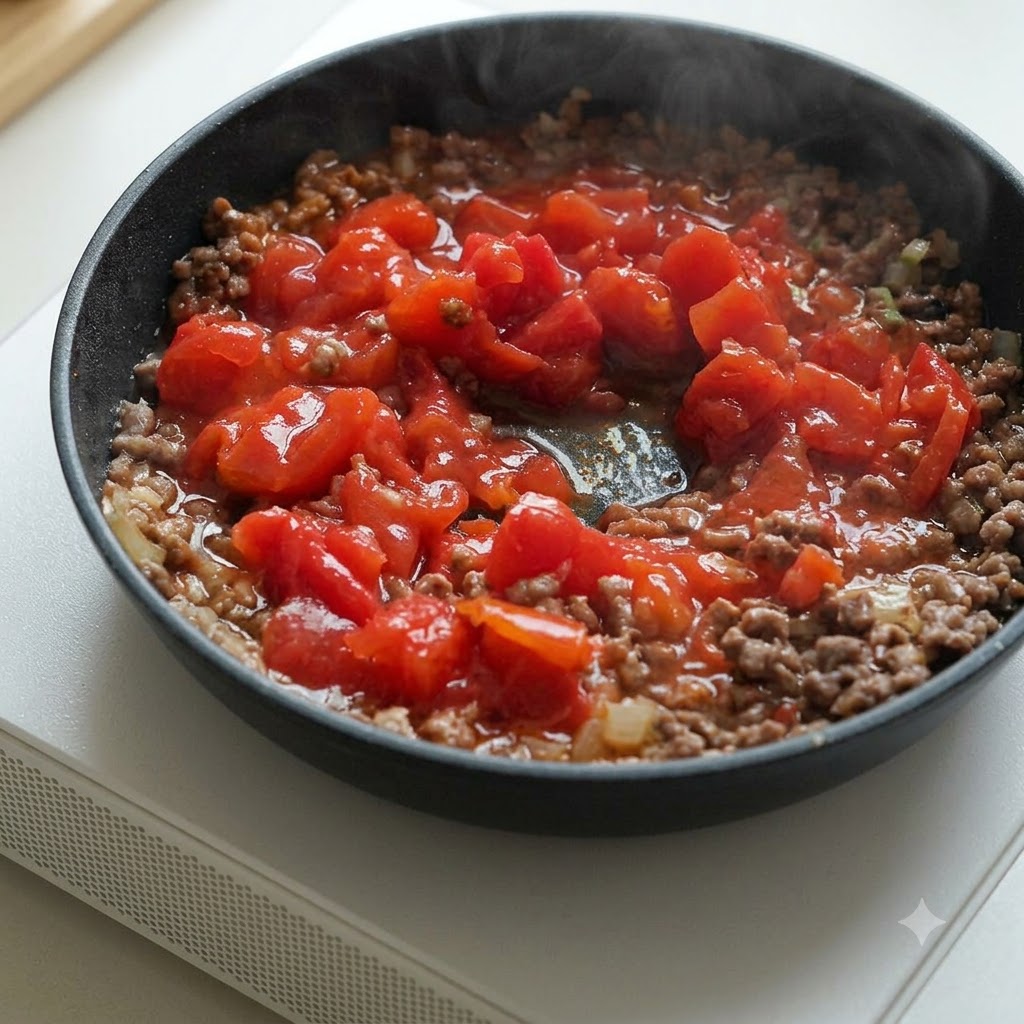 Gewürfelte Dosentomaten werden in eine Pfanne mit gekochtem Rinderhackfleisch eingerührt.