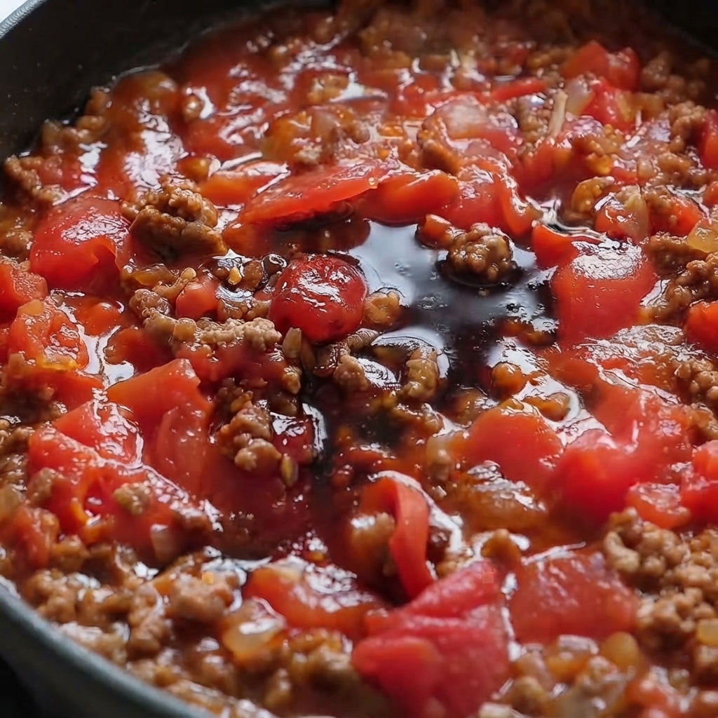 Dunkle Saucen wie Soja- und Austernsauce sammeln sich in der Mitte einer reichhaltigen Tomaten-Rinderhackfleisch-Sauce in einer Pfanne.