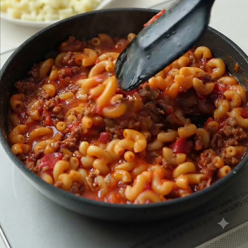 Gekochte Makkaroni werden in einer Bratpfanne unter eine reichhaltige Fleischsauce gehoben.