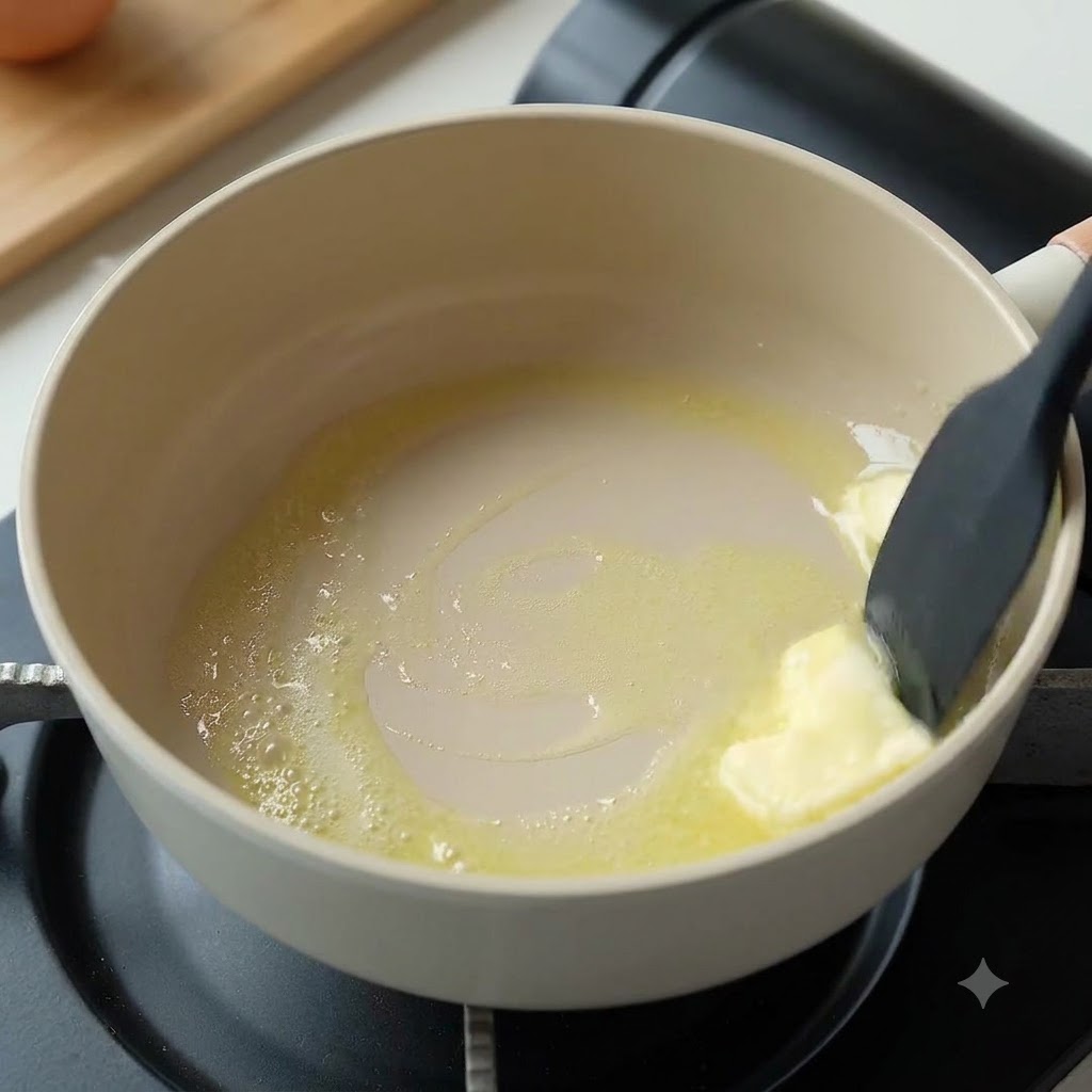 Ein Stück Butter schmilzt in einem sauberen Topf bei schwacher Hitze.