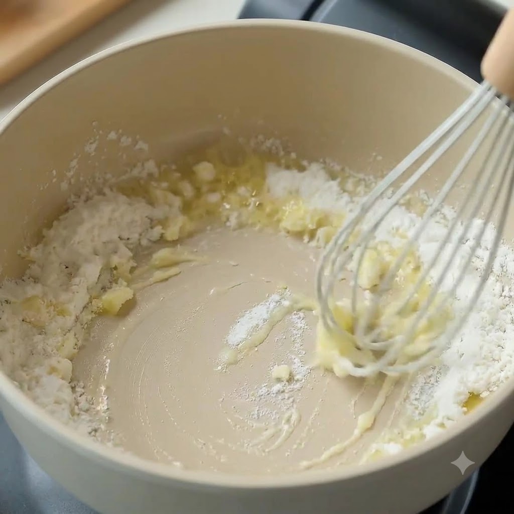 Mehl wird in einem Topf mit geschmolzener Butter zu einer Mehlschwitze verrührt.
