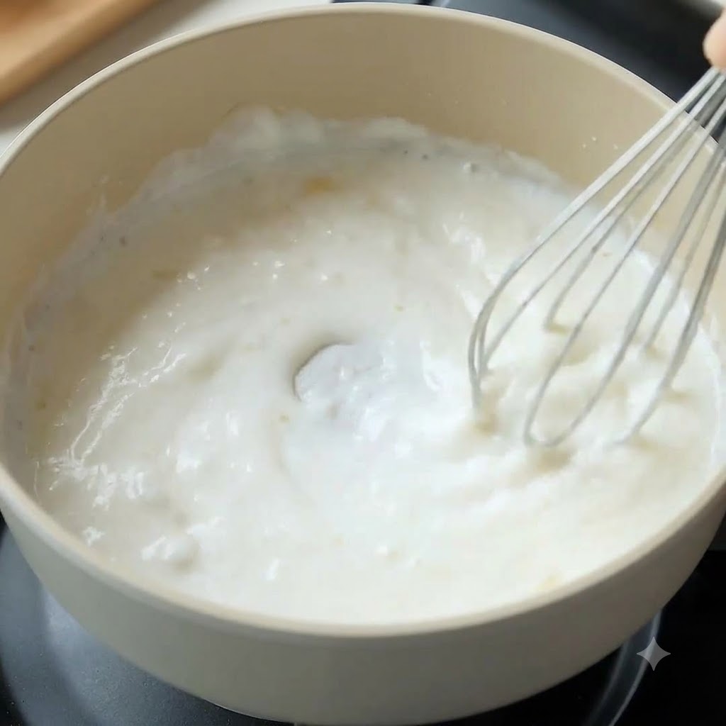 Ein Schneebesen rührt Milch und Mehl in einem hellen Kochtopf zu einer weißen Sauce an.