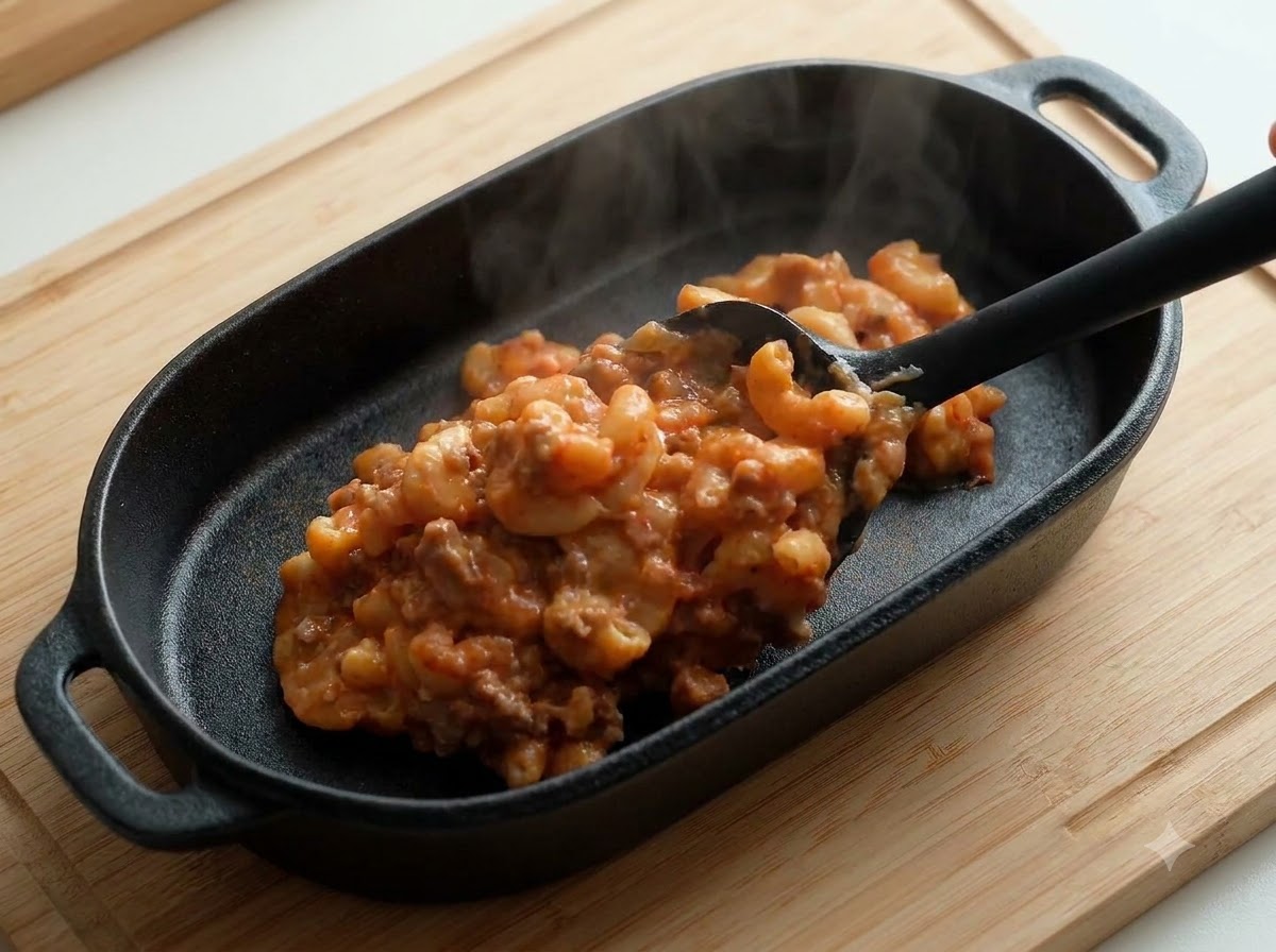 Ein schwarzer Pfannenwender schöpft und verteilt cremige Rinder-Pasta in einer dunklen ovalen Auflaufform auf einem Holzbrett.