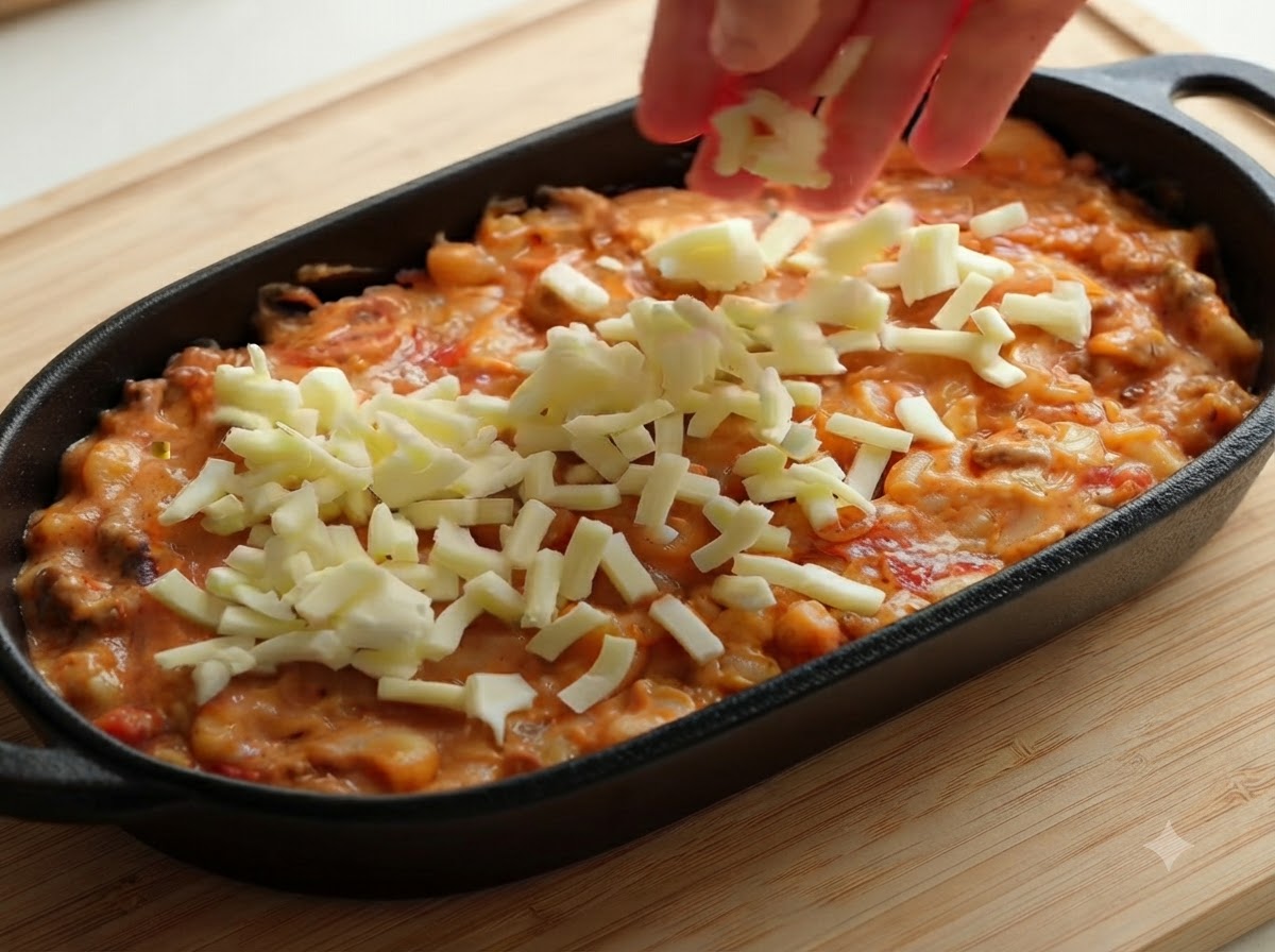 Eine Hand streut geriebenen Mozzarella-Käse gleichmäßig über die Pastamischung in einer schwarzen Auflaufform.