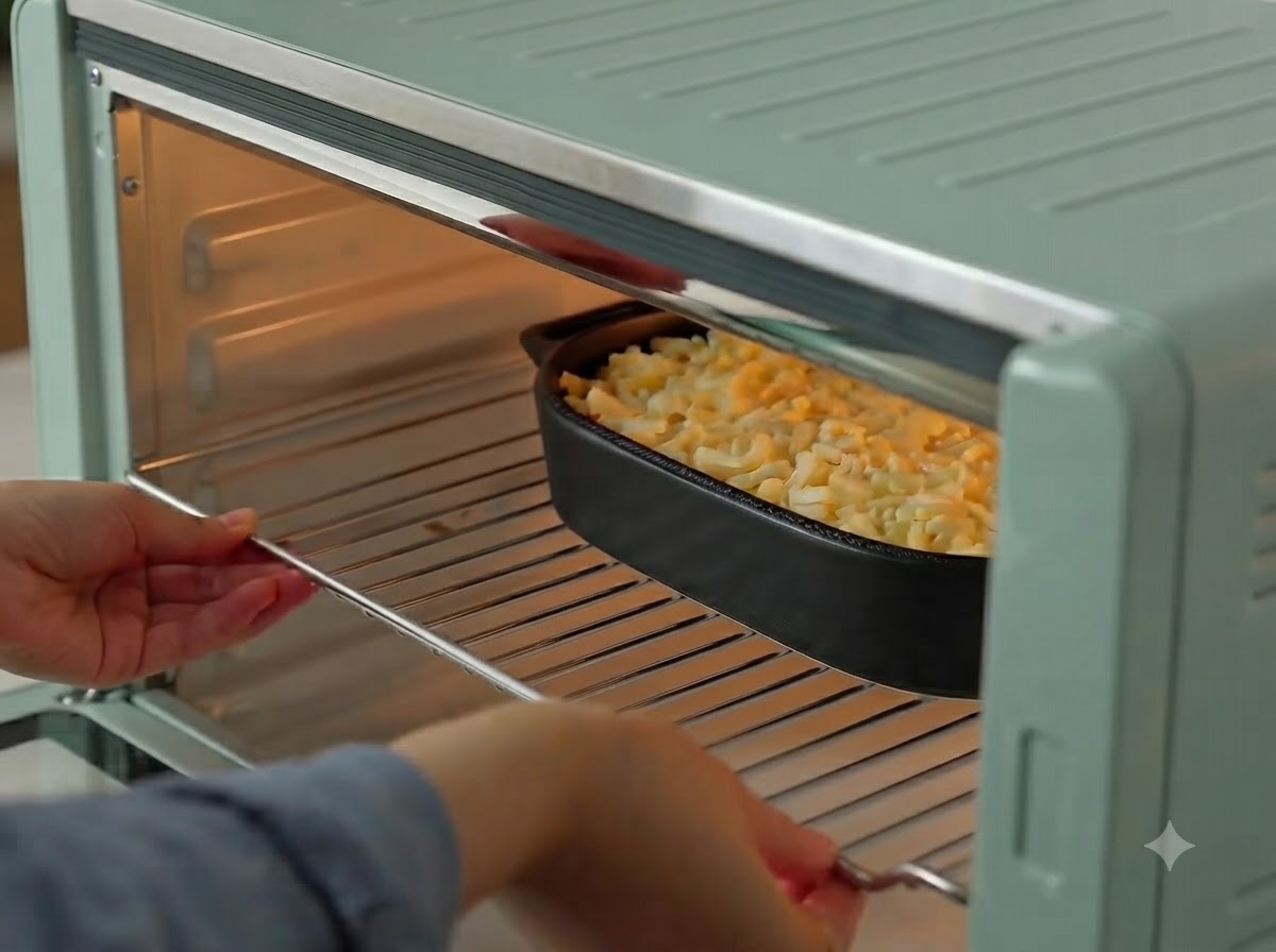 Ein Paar Hände schiebt ein Kuchengitter mit einer schwarzen Auflaufform voller Käse-Pasta in einen mintgrünen Thekenofen.
