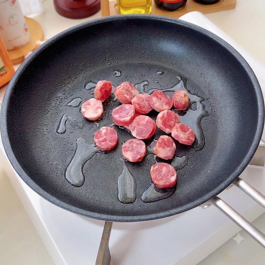 Wurstscheiben braten mit Öl bei mittlerer Hitze in einer Pfanne.