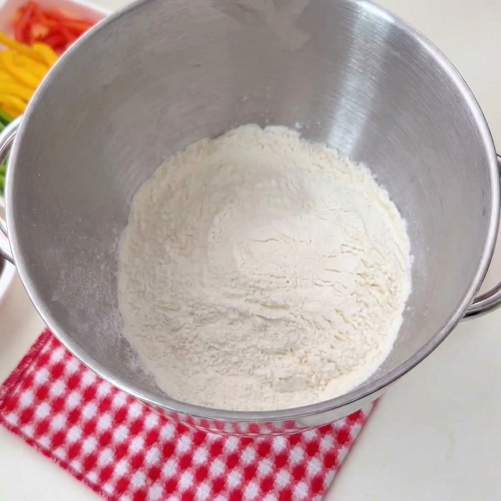 Trockene Mehlmischung in der Rührschüssel einer Küchenmaschine auf einem rot karierten Tuch.