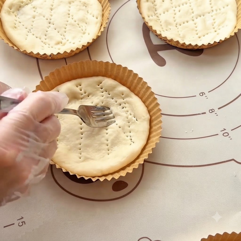 Eine Gabel sticht Löcher in die Oberfläche eines geformten Mini-Pizzateigbodens in einer Papierform.