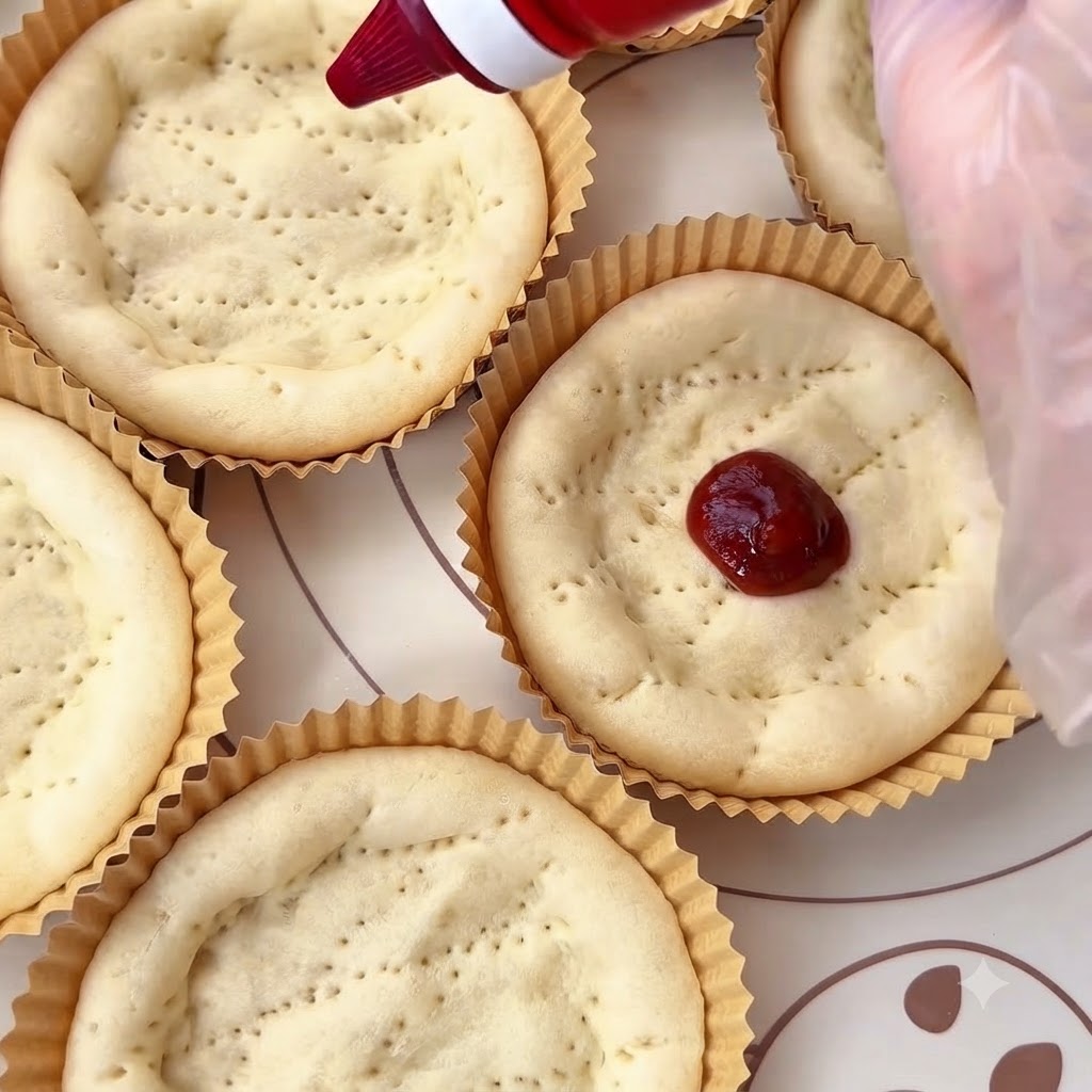 Tomatensauce wird auf die Mitte eines vorbereiteten Mini-Pizzabodens gegeben.