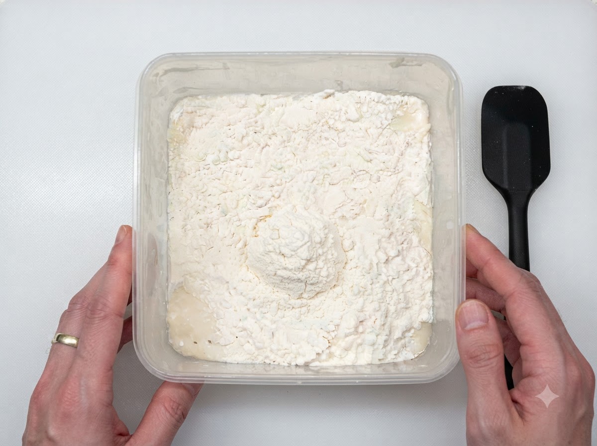 Ein Behälter gefüllt mit Poolish, bestreut mit Mehl und Salz, neben einem schwarzen Teigschaber.