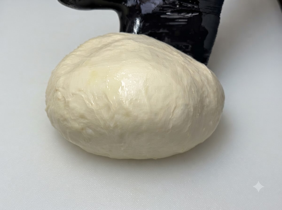 Eine glatte Kugel aus geöltem Teig ruht in einer Glasschüssel.