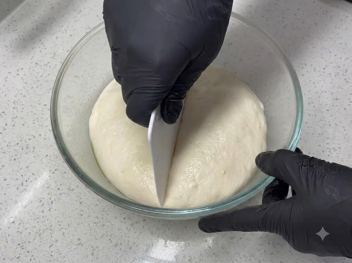 Behandschuhte Hände verwenden einen weißen Teigschaber aus Kunststoff, um eine glatte, runde Teigkugel in einer klaren Glasschüssel zu halbieren.