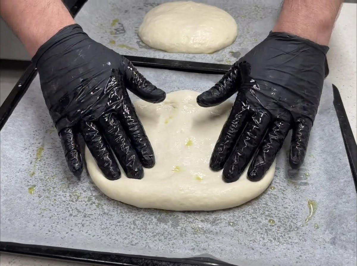 Behandschuhte Hände drücken ein rundes Stück Teig auf einem Backblech flach und ziehen es nach außen.