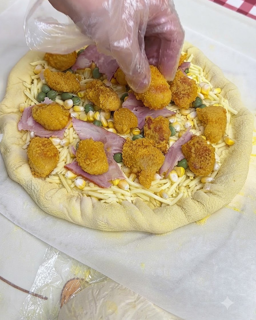 Eine behandschuhte Hand platziert panierte Hähnchenstücke auf einem Pizzaboden mit Käse, Mais, Erbsen und Speck.