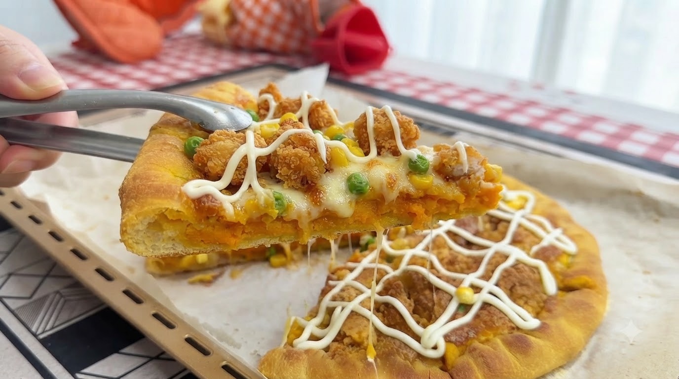 Salzige Eigelb-Hähnchen-Pizza mit Süßkartoffel-gefülltem Rand