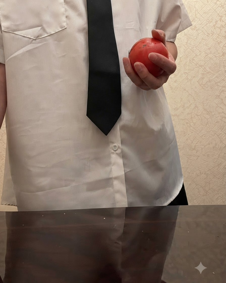 Eine Person hält eine ganze frische rote Tomate vor einem weißen Hemd und schwarzer Krawatte.
