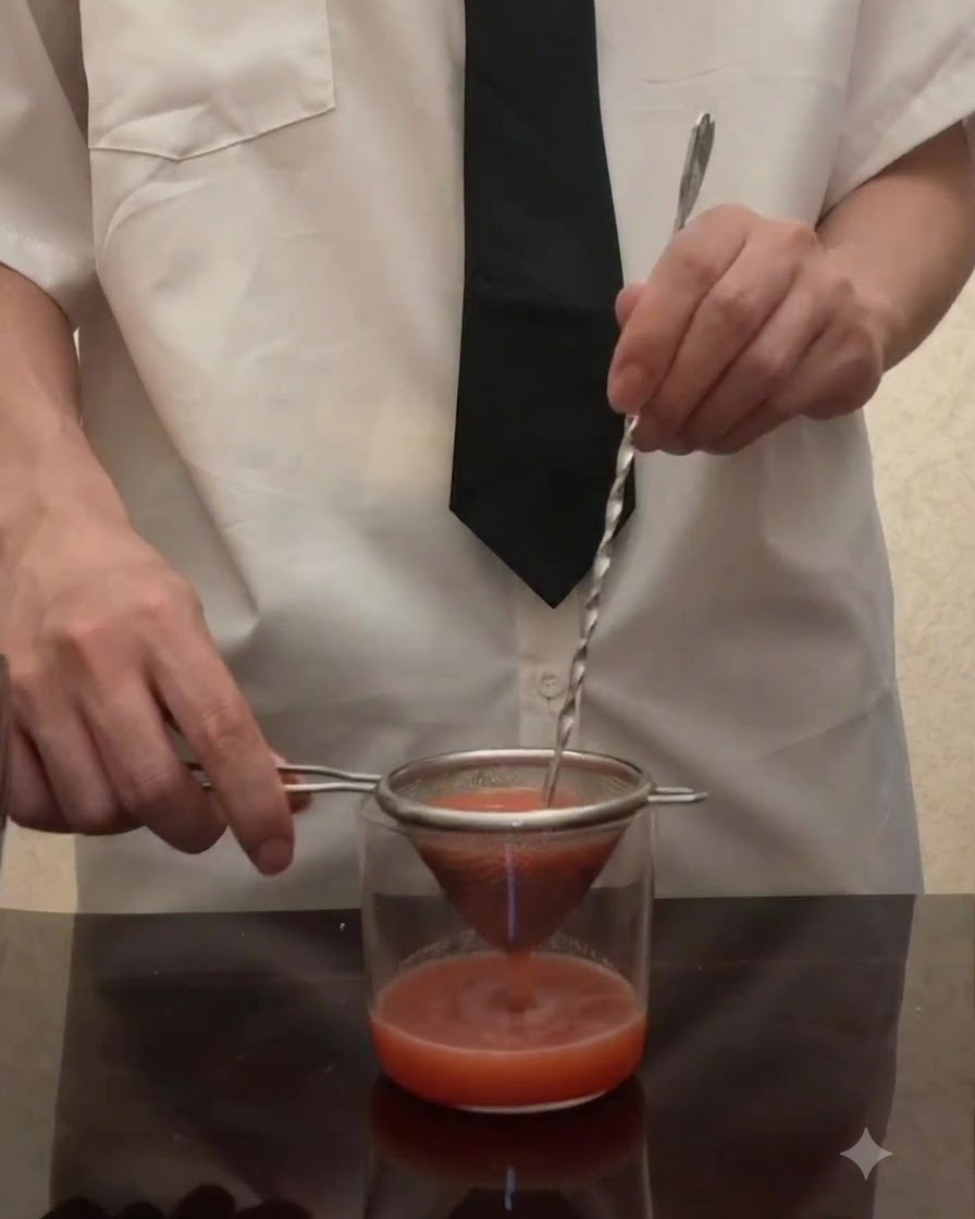 Tomatenpüree wird durch ein konisches Haarsieb in ein Glas geseiht, unterstützt durch einen verdrehten Barlöffel.