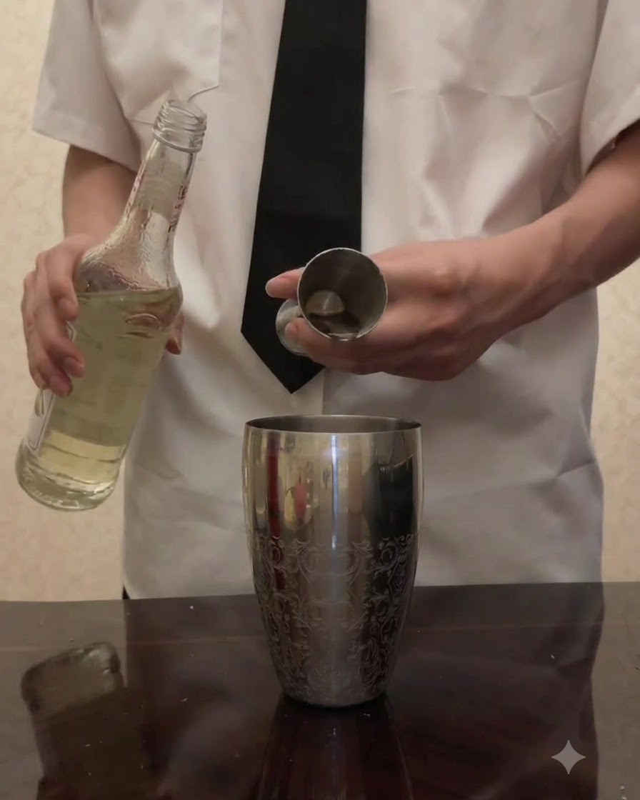 Klarer Sirup wird aus einer Flasche in einen Jigger gegossen, der über einem Edelstahl-Cocktailshaker gehalten wird.