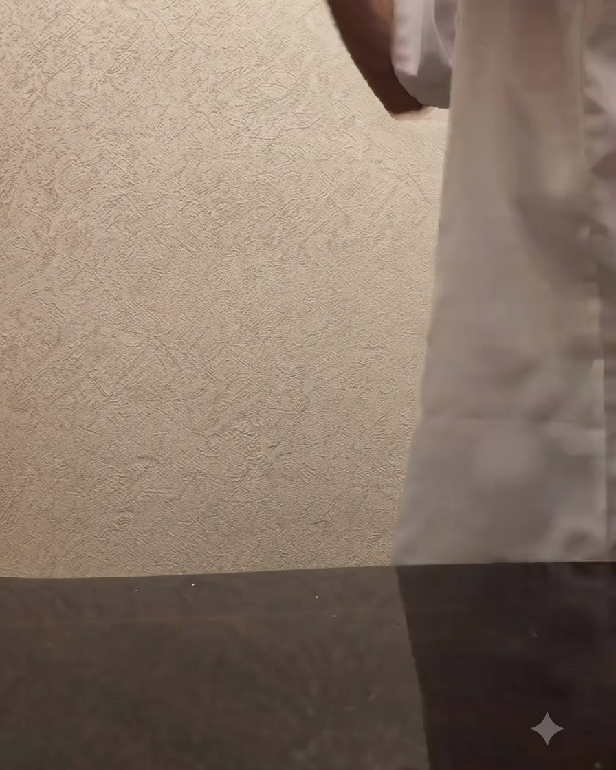 Eine Person schüttelt einen silbernen Cocktailshaker vor einer strukturierten beigen Wand kräftig mit beiden Händen.
